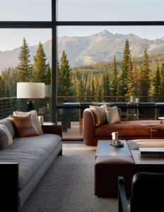 The mountain modern interior of the Basecamp Home in Big Sky, Montana.
