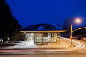 Night display of Home Ranch Welcome Center in Jackson, Wyoming.